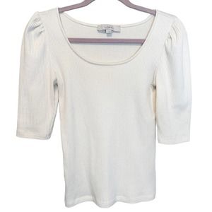 Loft Cream White Ribbed Puff Sleeve Slim Quarter Sleeve Top Size S